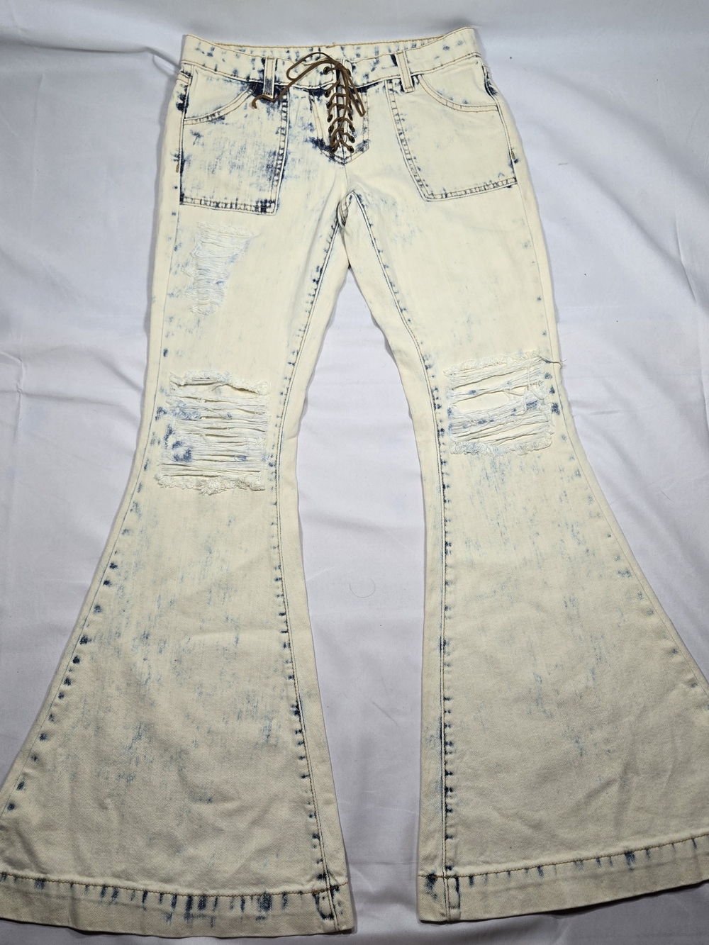 NWT Carmar Emily Lace Up Flare Jeans Womens 26 Acid Bleach Wash Y2K Festival